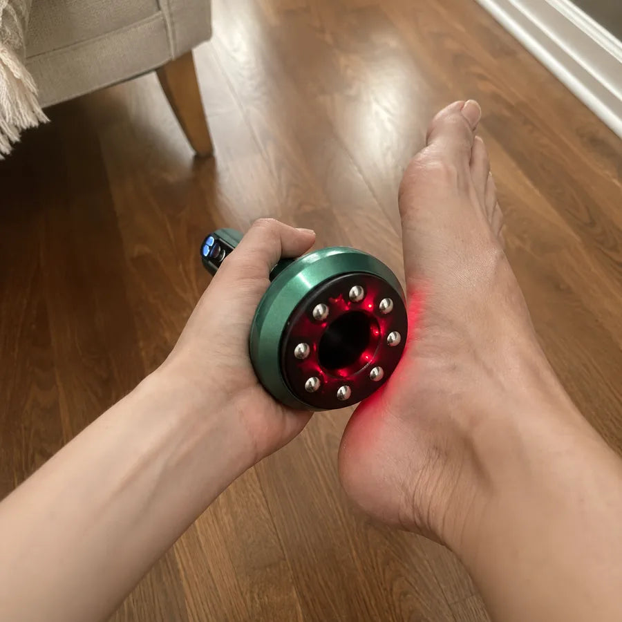 Customer using FlowLift on her foot at home