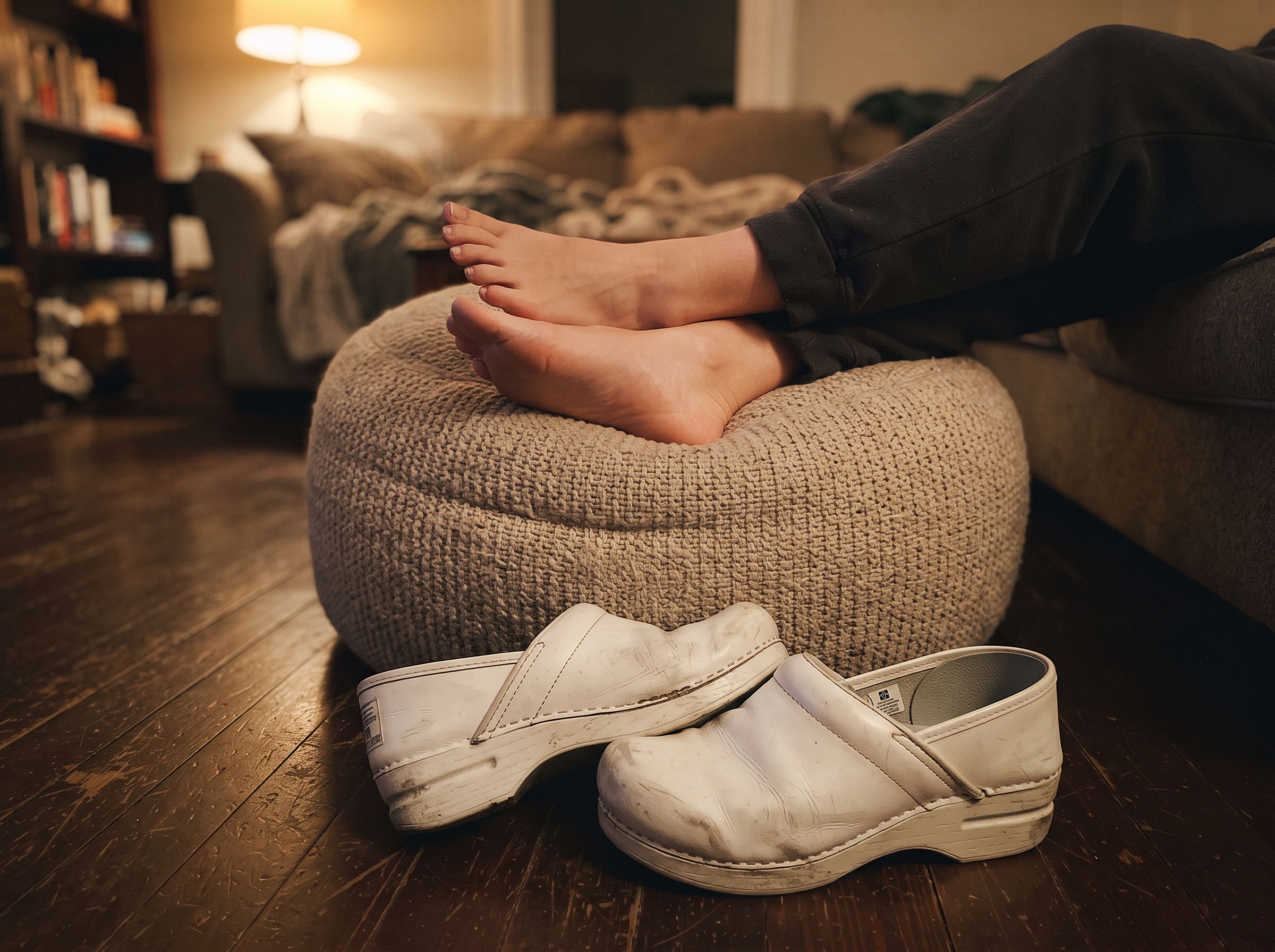 Bare feet resting up, white work clogs kicked off on the floor