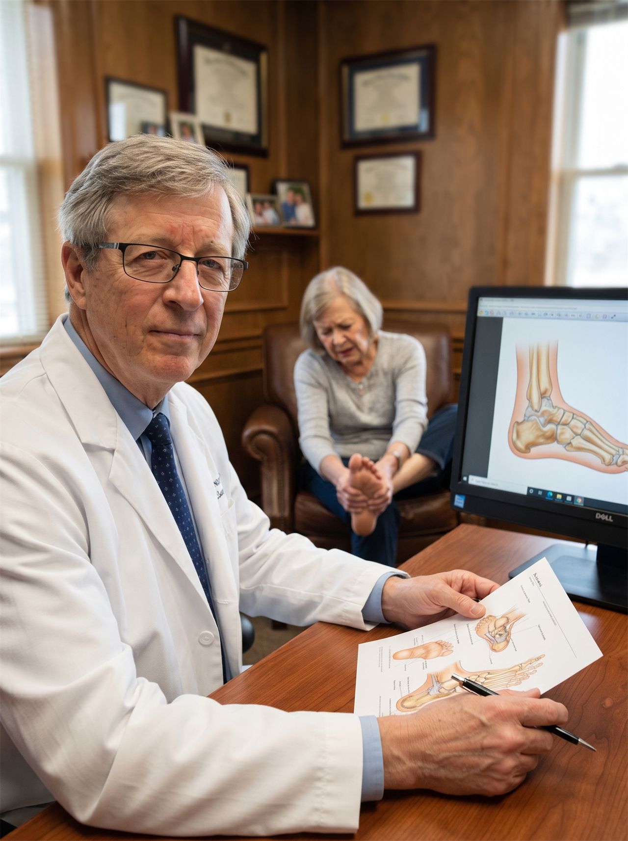 Dr. Robert Hayes, DPM in his office reviewing a foot-anatomy diagram
