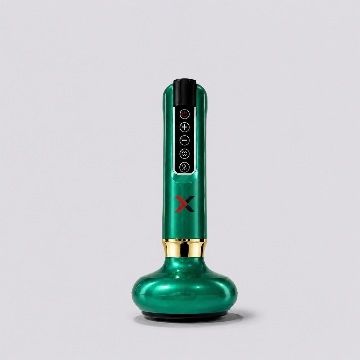 The FlowLift green cupping device with red-light glow beside a bottle of massage oil