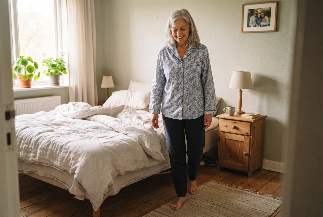 An older woman stepping easily out of bed in the morning, no bracing