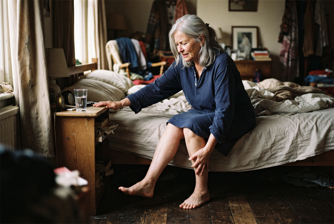 An older woman sitting on the edge of the bed, bracing on the nightstand to test her first step