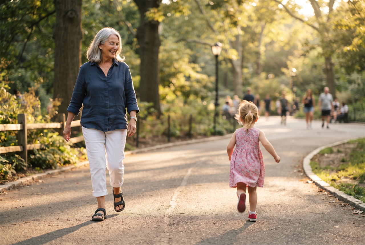 An older woman walking easily on a sunny park path behind a running grandchild