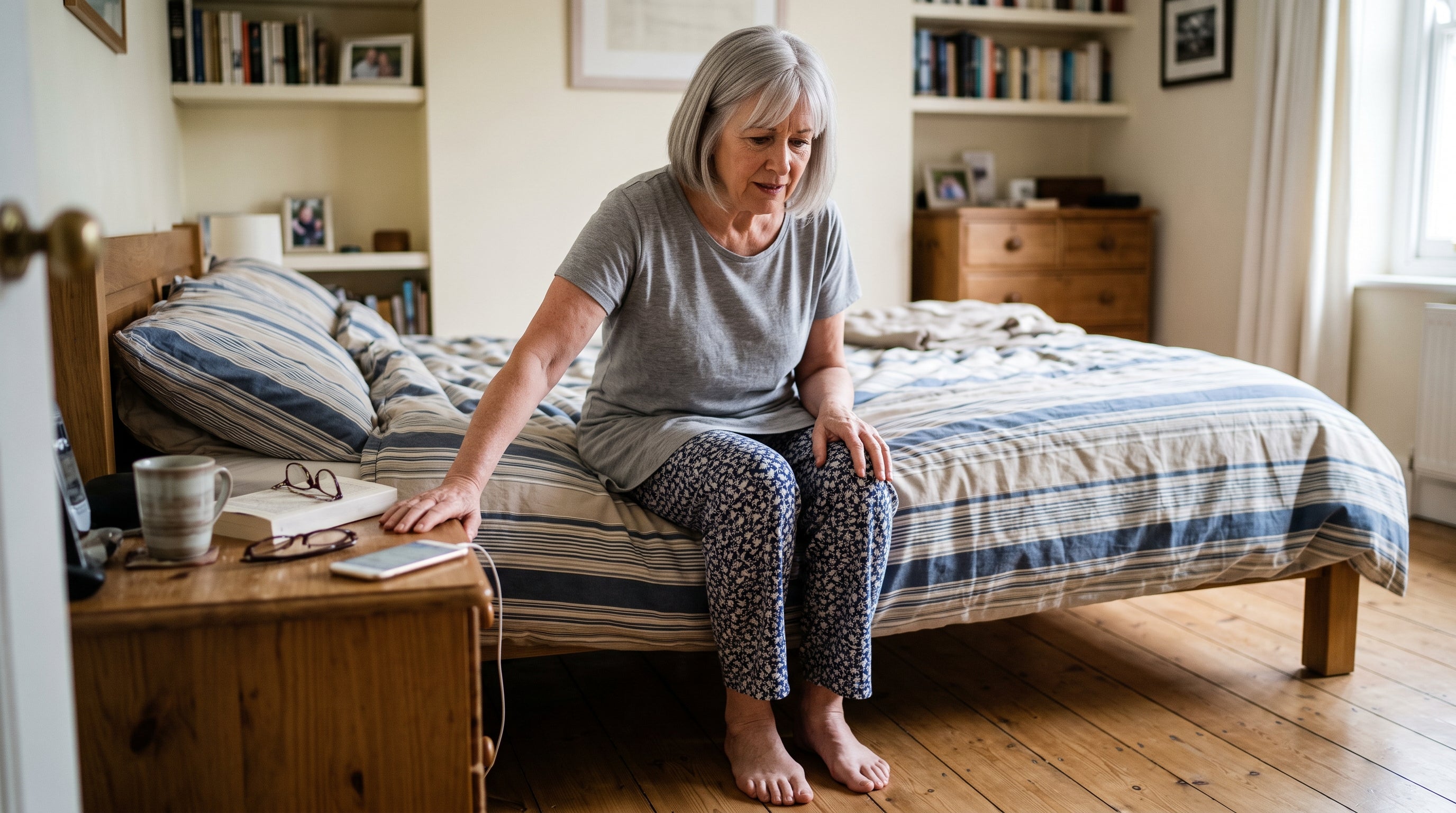 Diane bracing on the edge of the bed before her first step