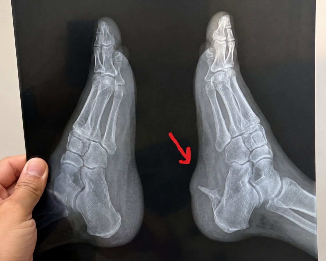 Foot X-ray with a red arrow pointing at a bone spur