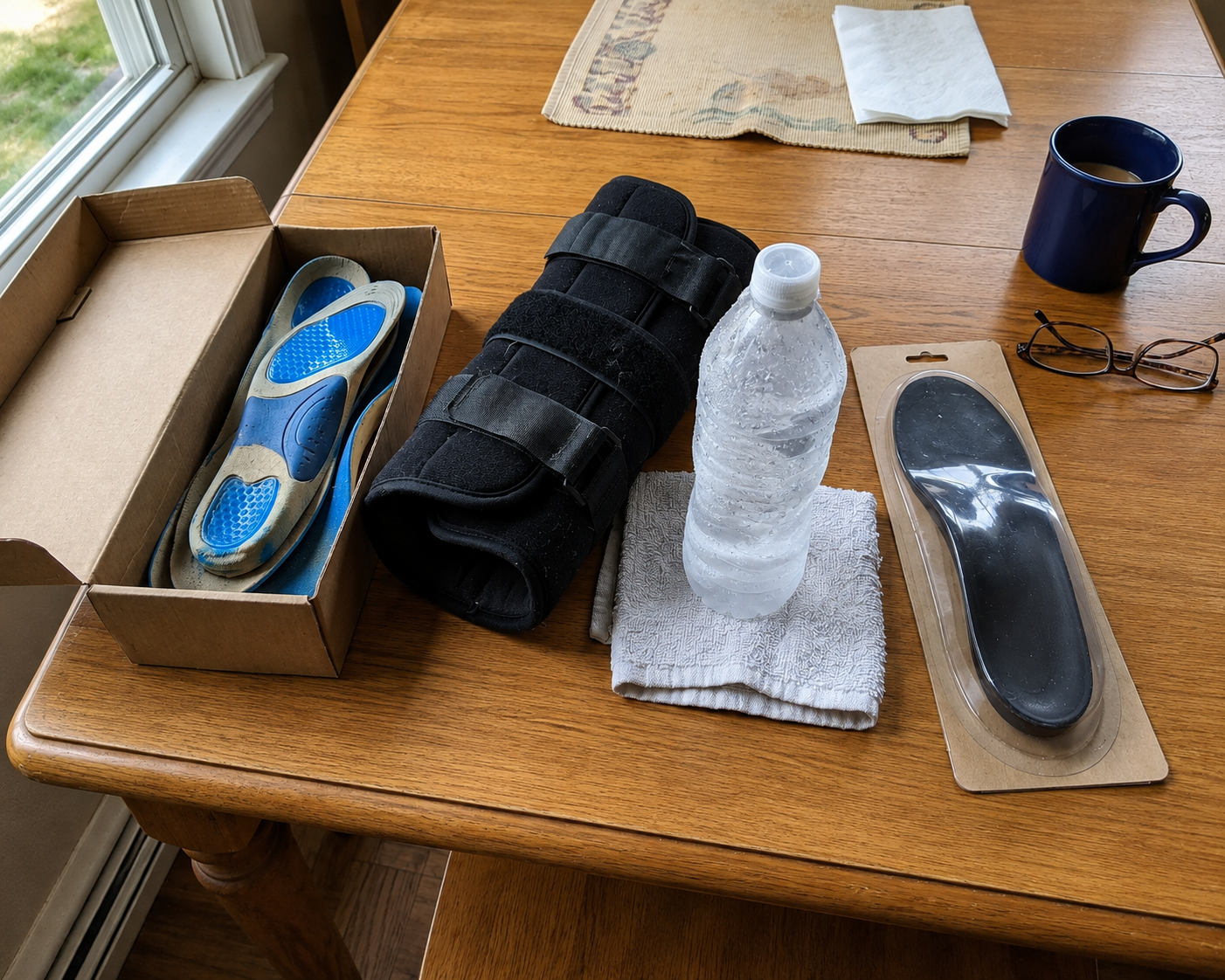 A year of failed foot-relief products on a table