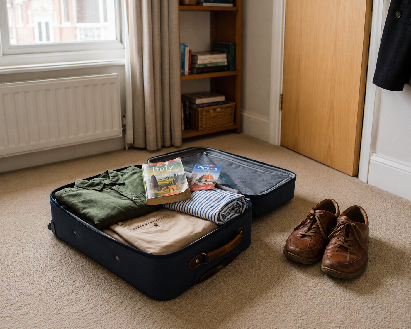 A shelved trip — suitcase, Italy brochure, walking shoes by the door