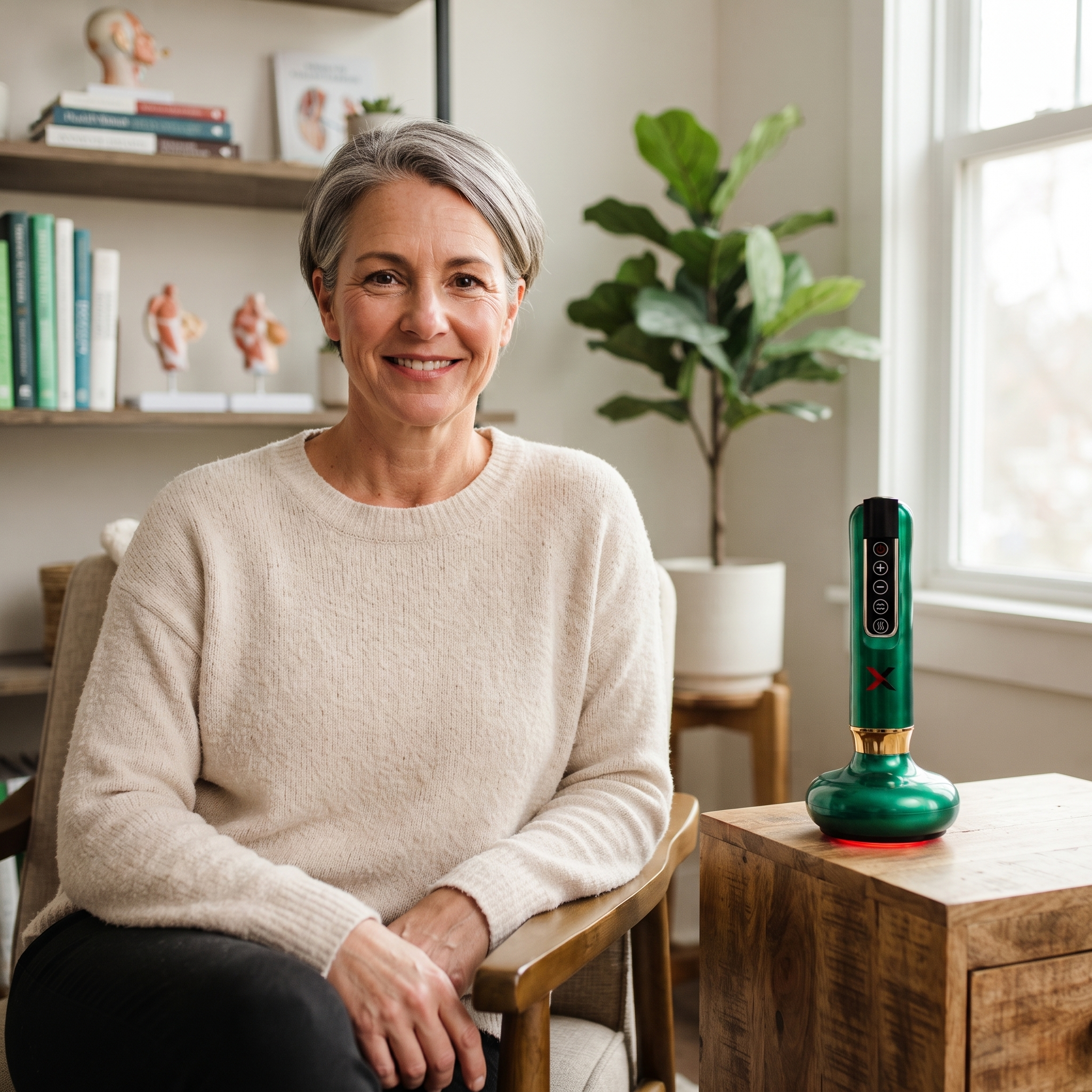 Rose Warren, PT, with the FlowLift device on a side table