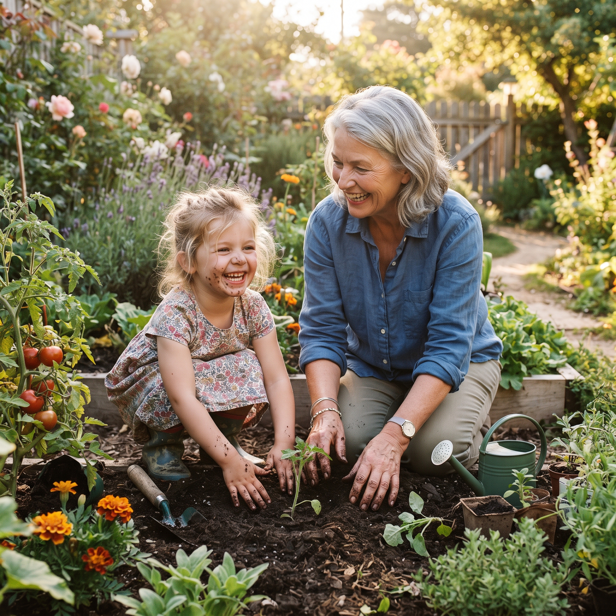 Woman gardening with her laughing grandchild