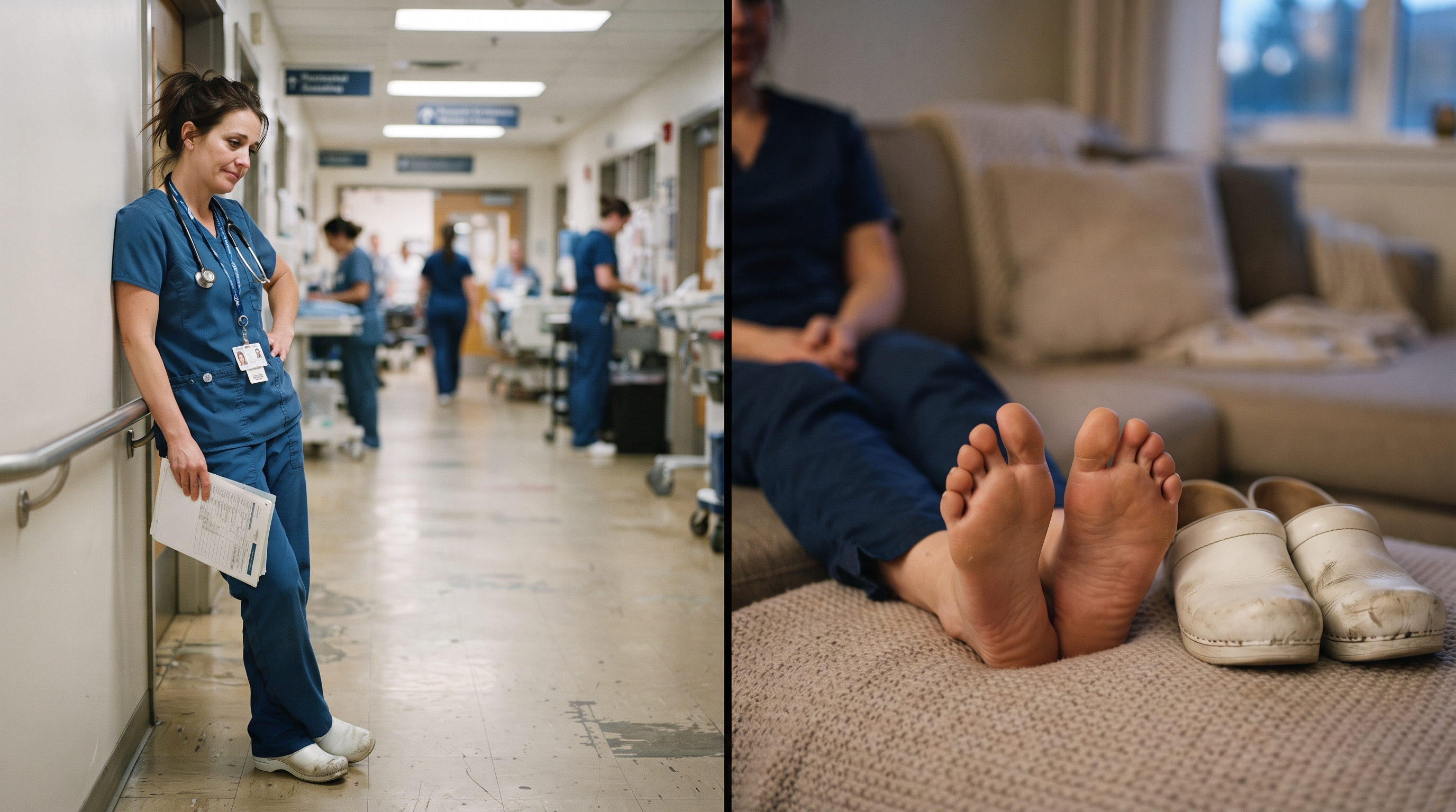 A nurse on a long shift and her tired feet at the end of the day