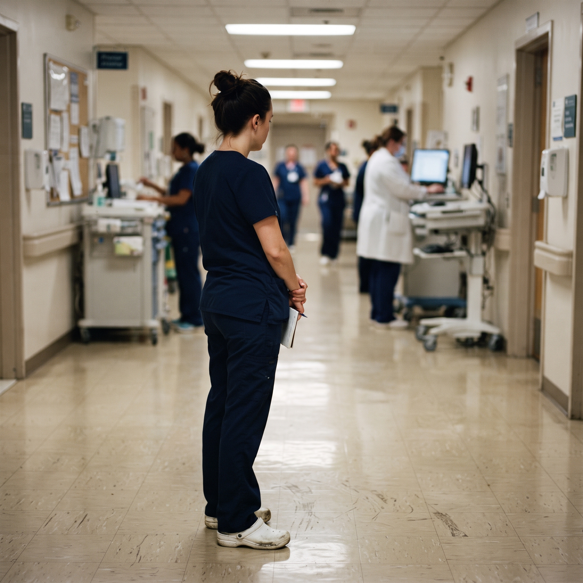 A healthcare worker standing on a hard hospital floor during a shift