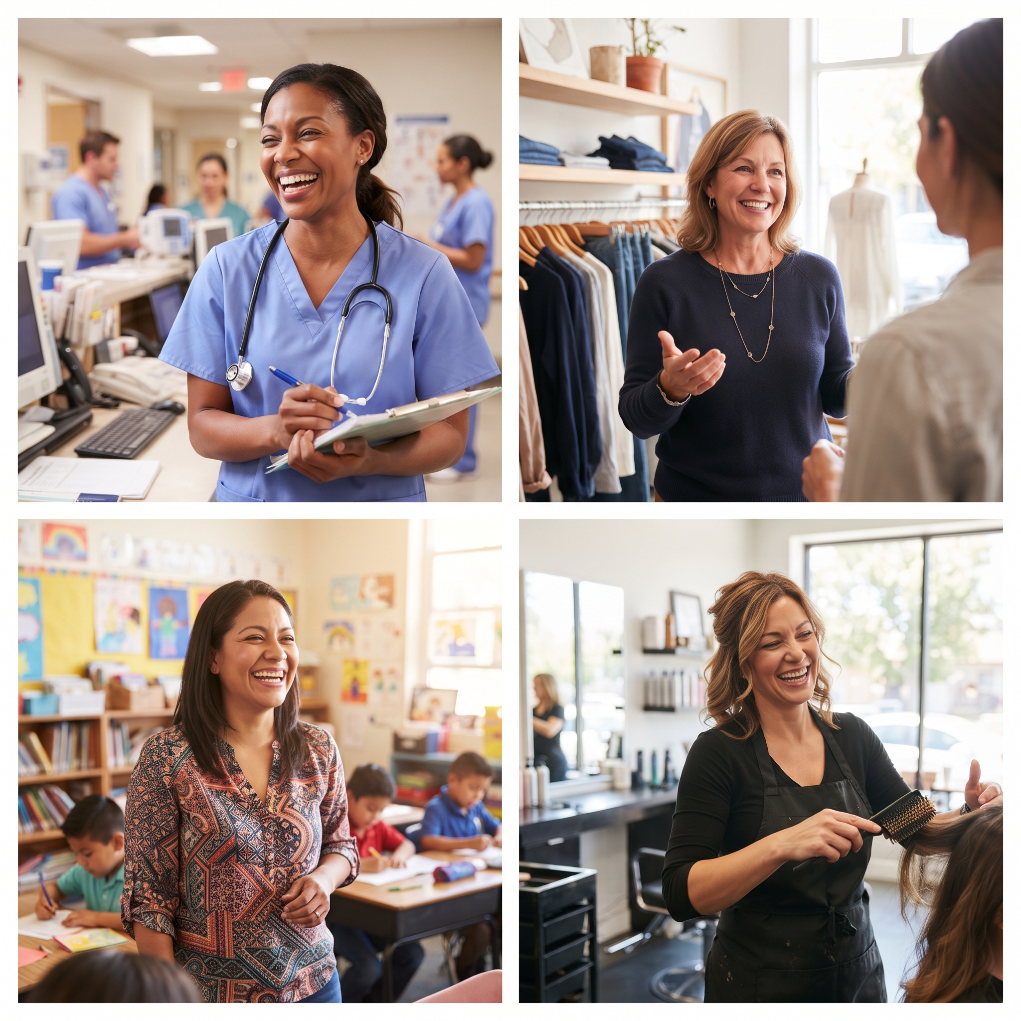 Happy standing-work customers — nurse, retail, teacher, stylist