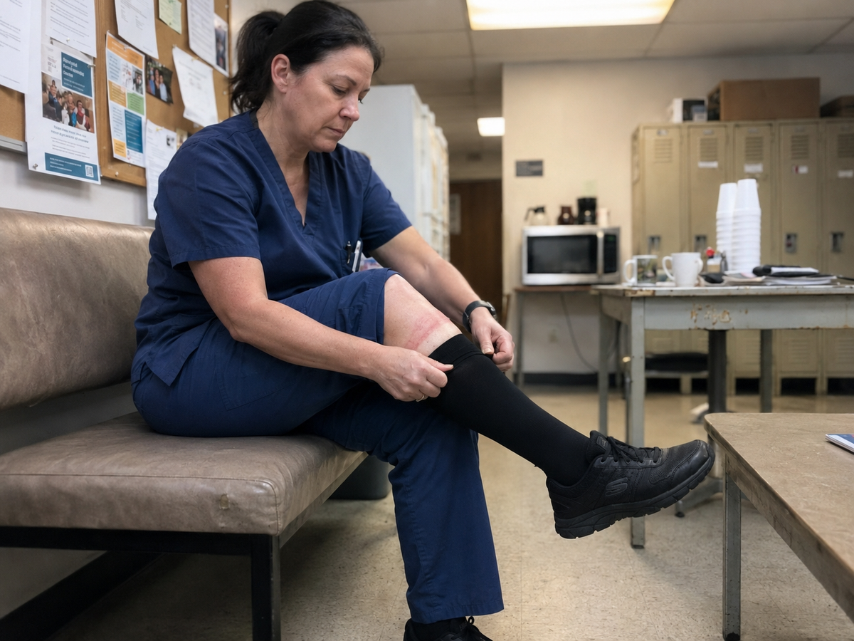A nurse peeling off her compression stocking after a shift
