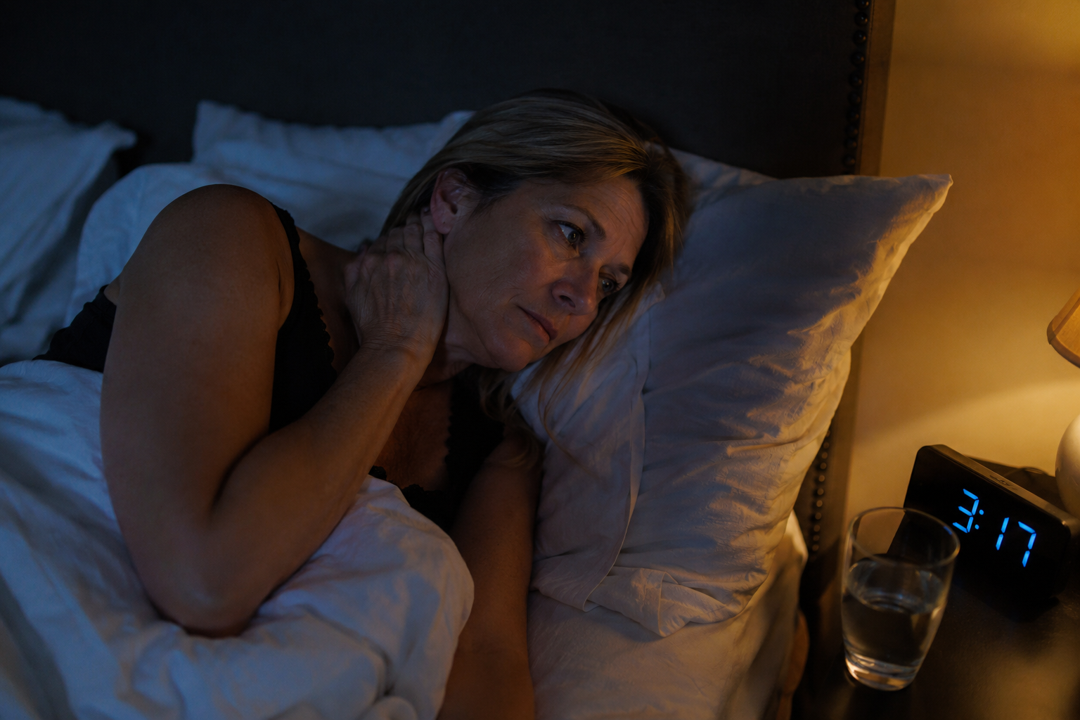 A woman awake at 3am, unable to sleep, holding her stiff neck — the clock reads 3:17