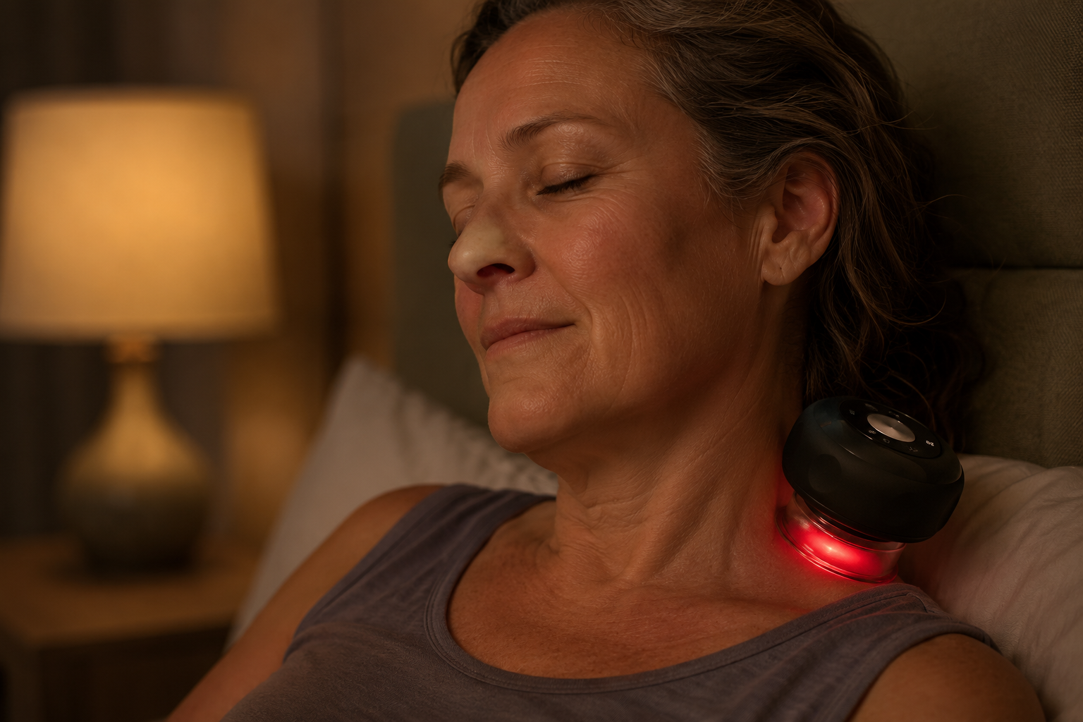 A woman reclining with the Vela X pod glowing red on her upper trapezius, face relaxed