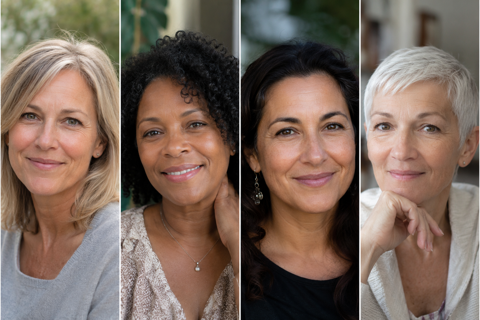 Four different rested perimenopausal women in soft daylight — Vela X readers