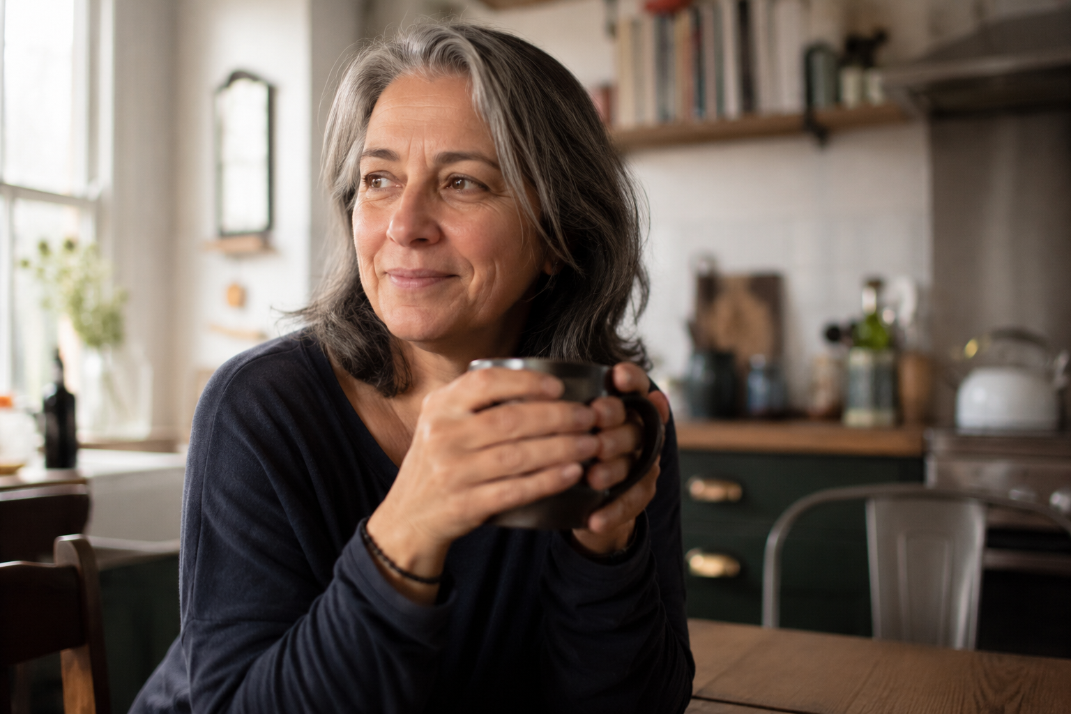 A woman who finally slept through the night, holding a coffee mug in a bright kitchen