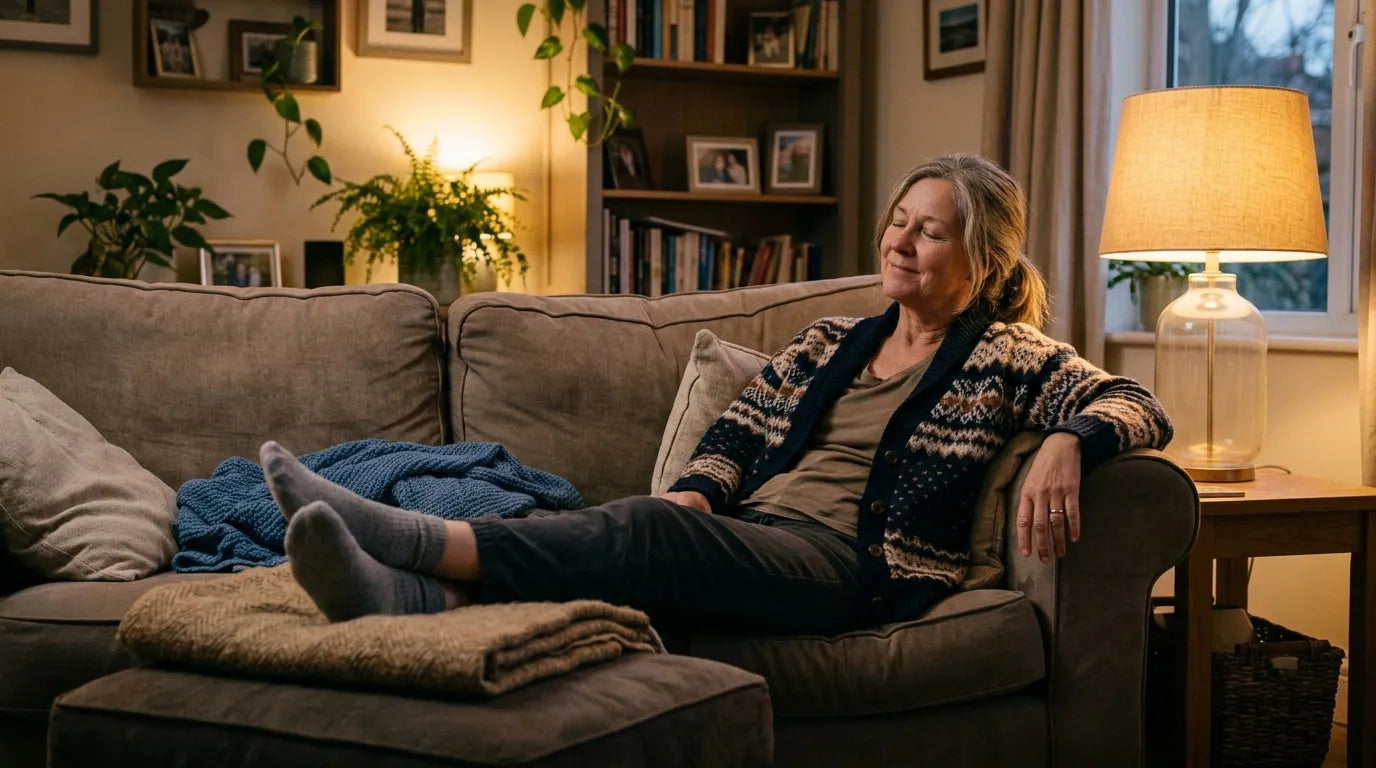 Older woman relaxing on her sofa in the evening with her legs resting up, feeling lighter