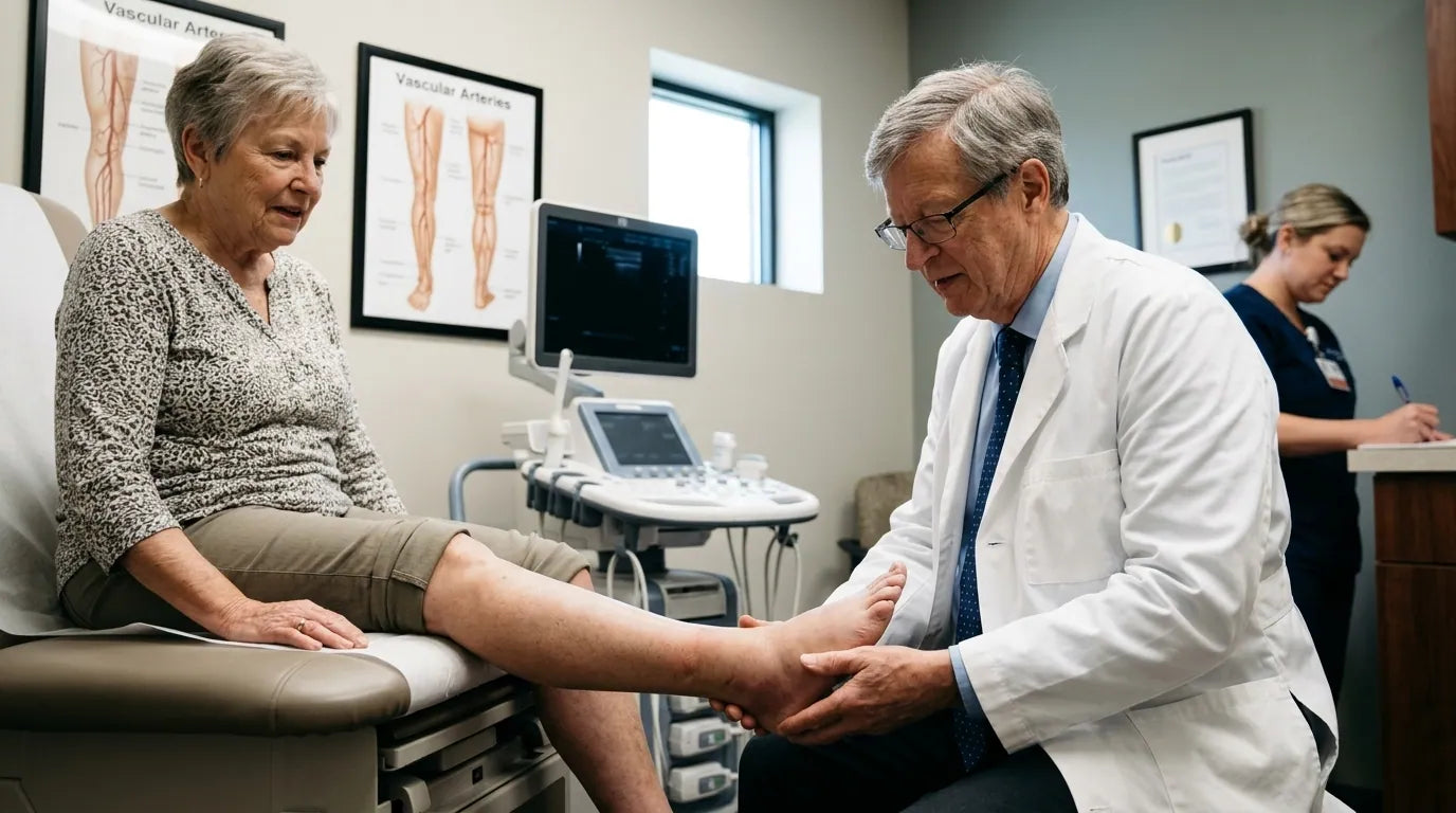 Dr. Robert Hayes examining the swollen lower leg of an older female patient in his vascular clinic