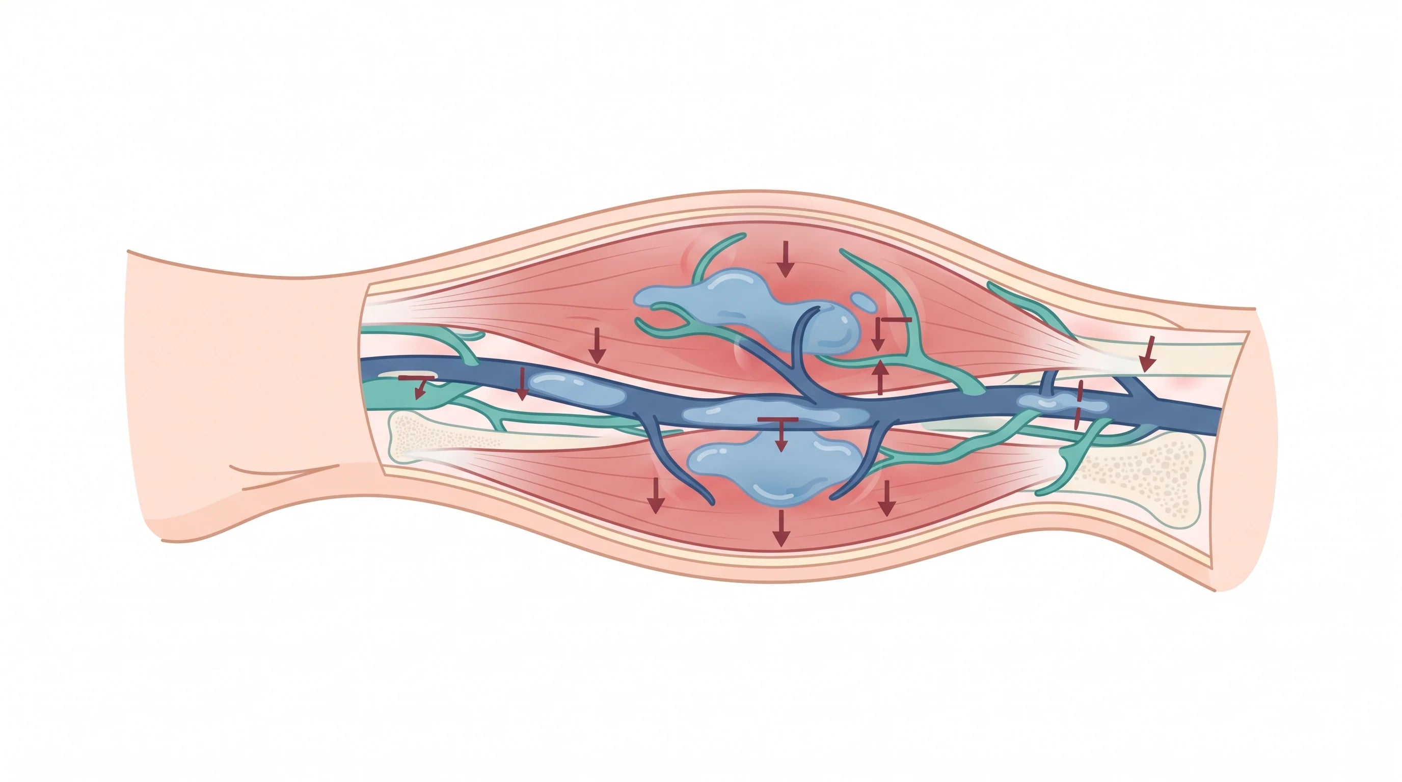 Cross-section of the calf showing fluid pooling and congestion when the muscle pump idles