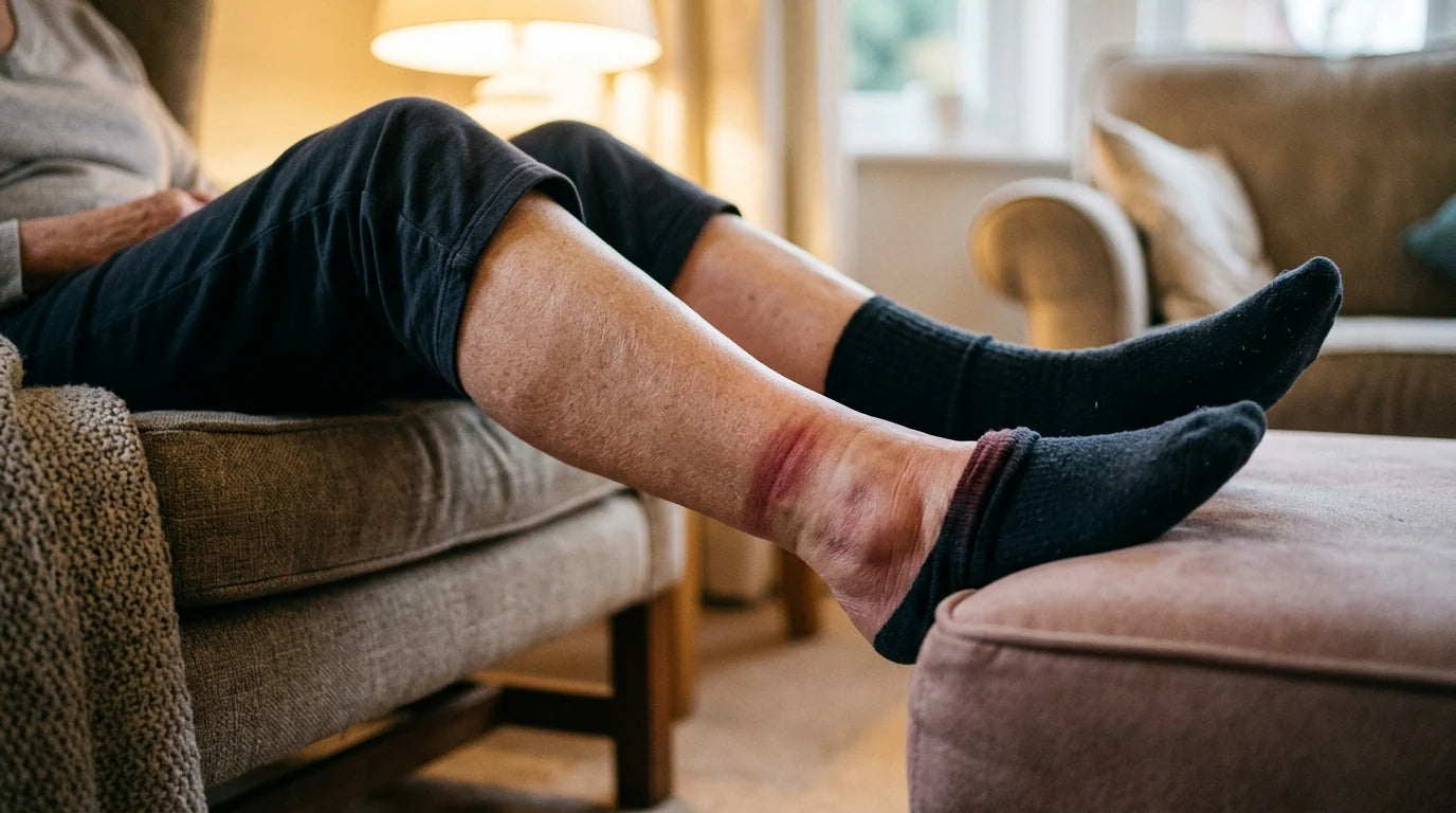 Swollen ankle at the end of the day with a deep ring mark left by a sock