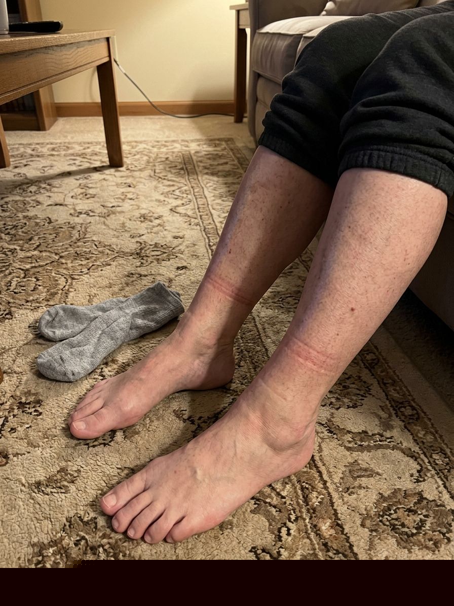 Lower leg in evening light, sock trenches still visible