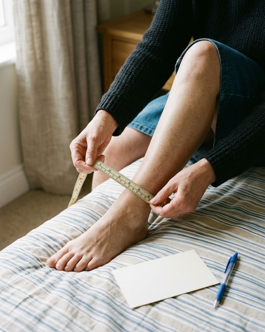 Tape measure around an ankle, with the ankle log card on the table