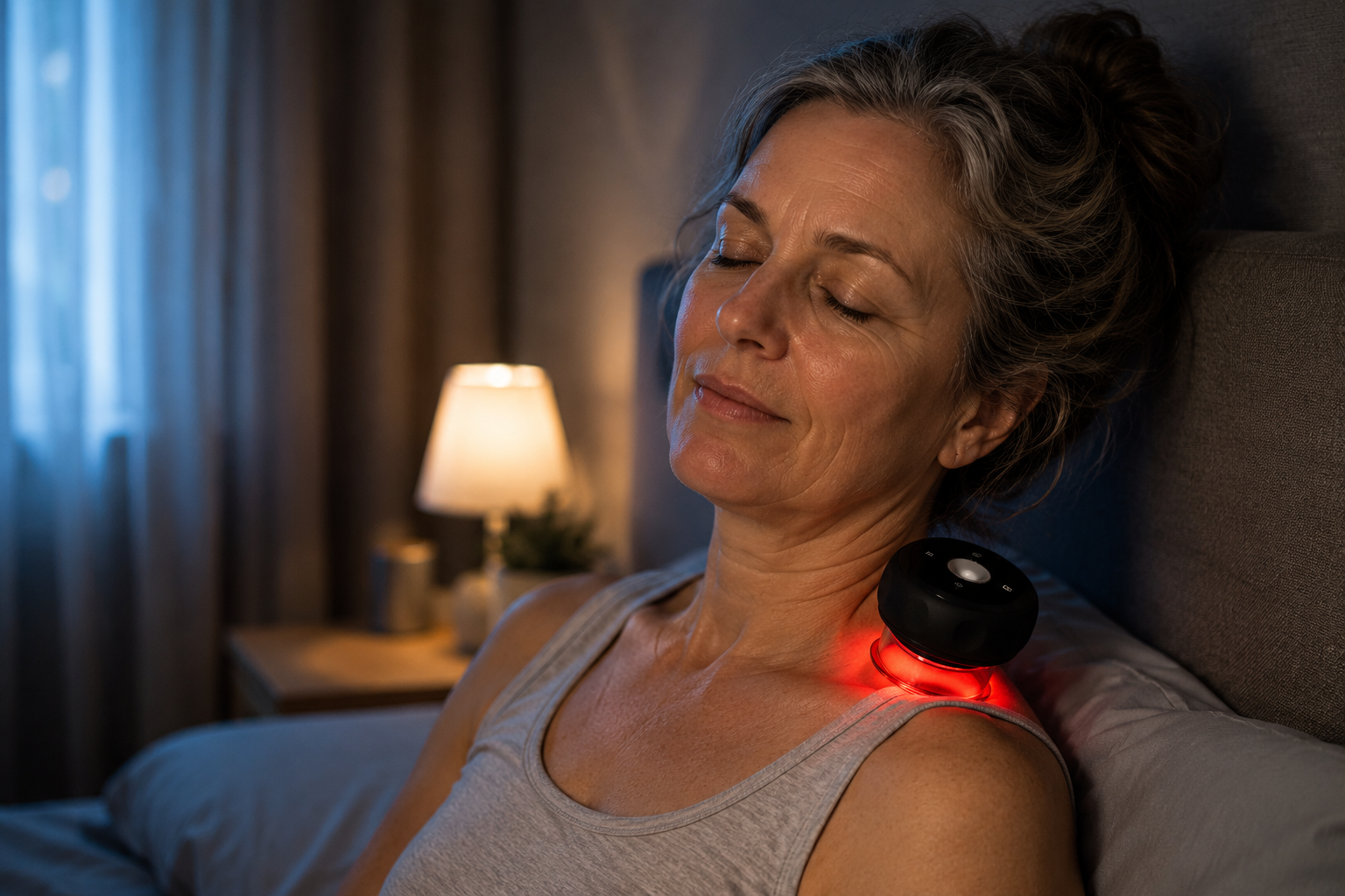 A woman in her 50s reclining against the headboard at night, eyes closed and calm, the Vela X pod glowing red on her upper trapezius