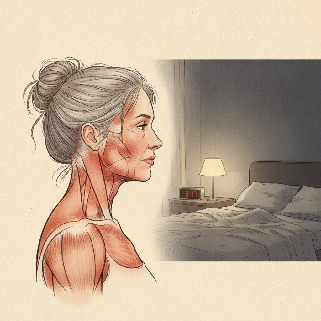 Anatomical illustration of a woman's jaw, neck and shoulder muscles glowing red with tension, with four marked points, beside a dark bedroom with a clock reading 3:17