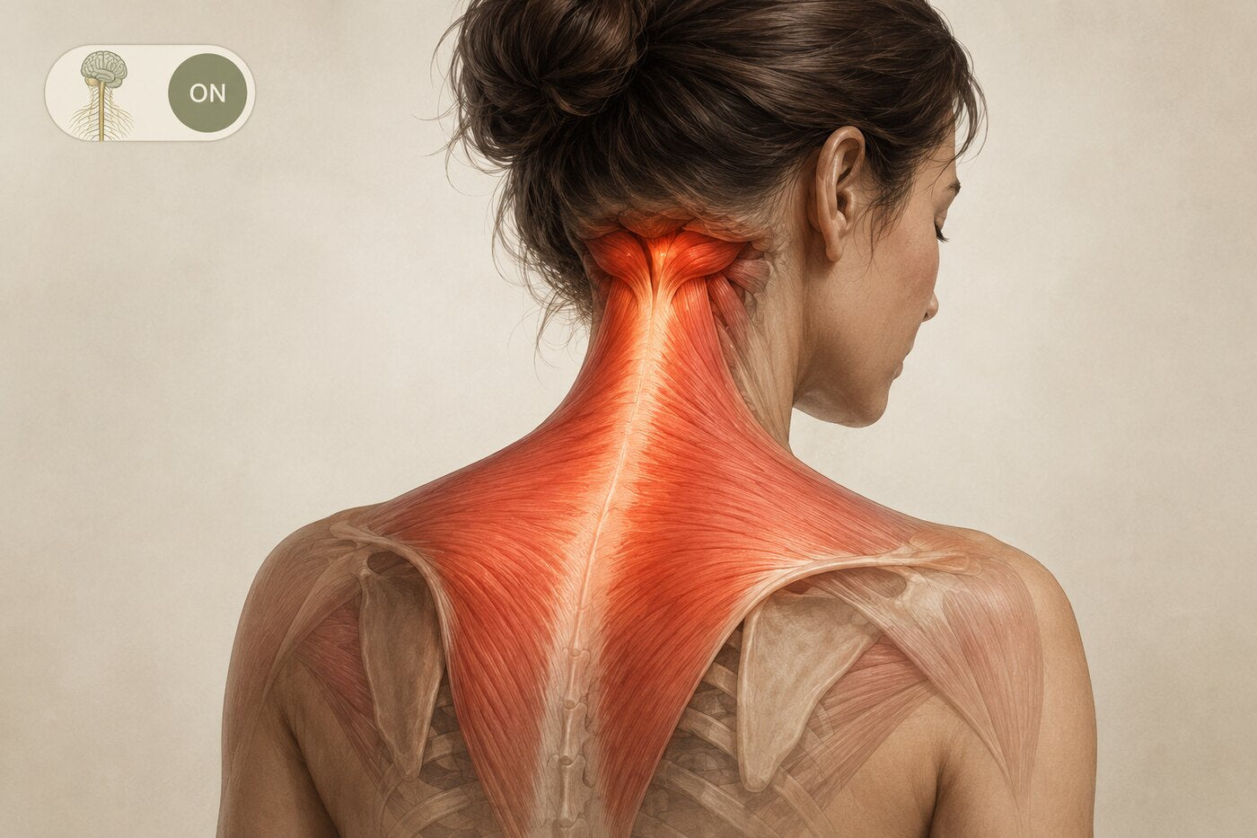 Anatomical illustration of a woman's neck and upper back with the trapezius glowing red and a nervous-system toggle switched ON