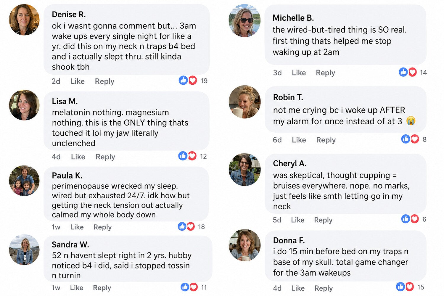 Facebook comments from women describing 3am wake-ups, wired-but-tired nights, jaw and trap tension releasing, and finally sleeping through