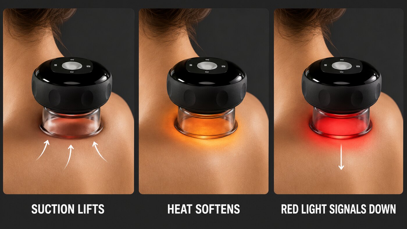 Three-panel close-up of the Vela X pod on the neck: suction lifts, heat softens, red light signals down