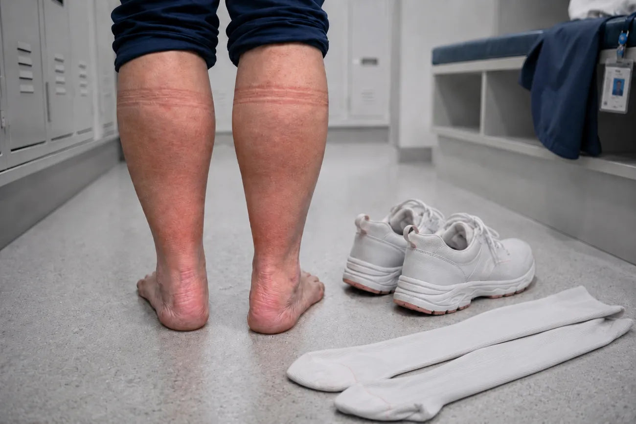 A nurse's tired lower legs with sock-dent rings at the end of a shift