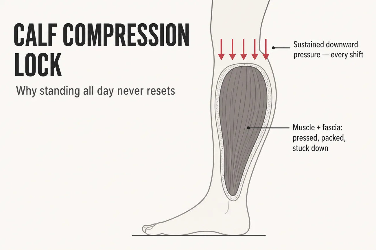 Calf Compression Lock diagram: downward pressure on muscle and fascia