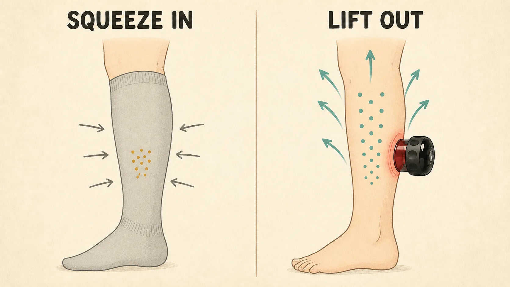 Squeeze in versus lift out — compression sock next to a suction cup