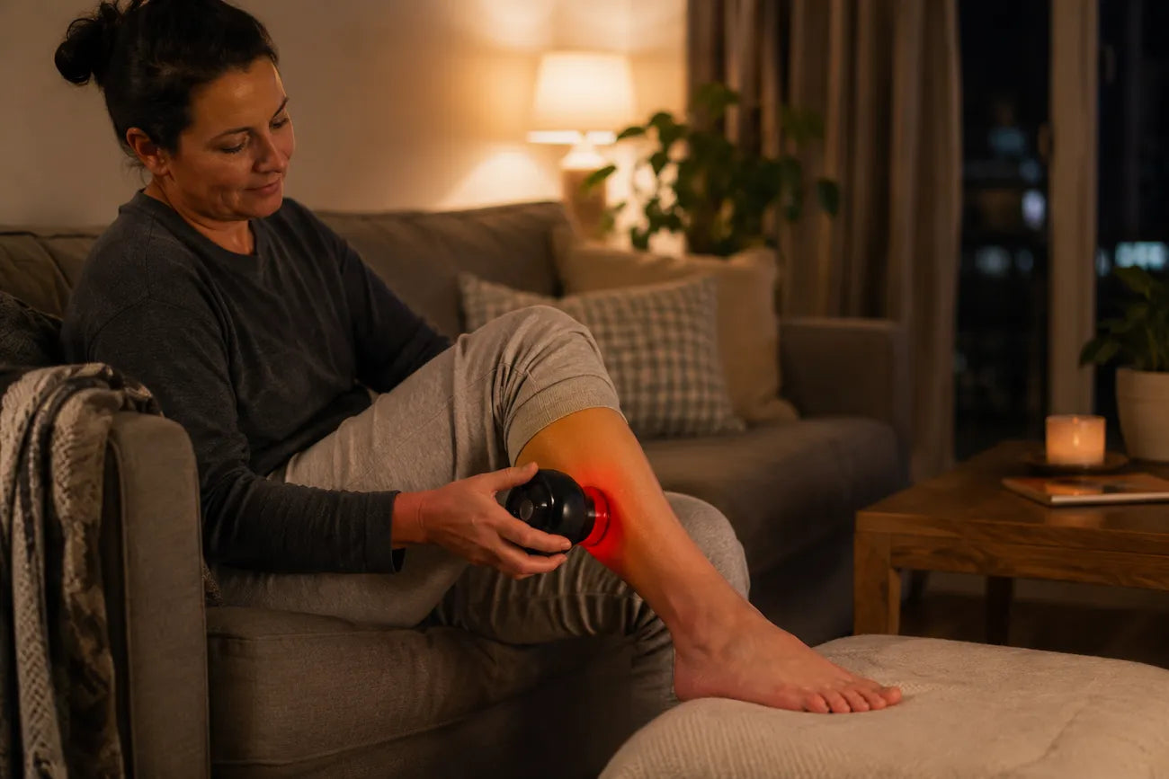 A woman on the couch in the evening applying the glowing cupping device to her calf