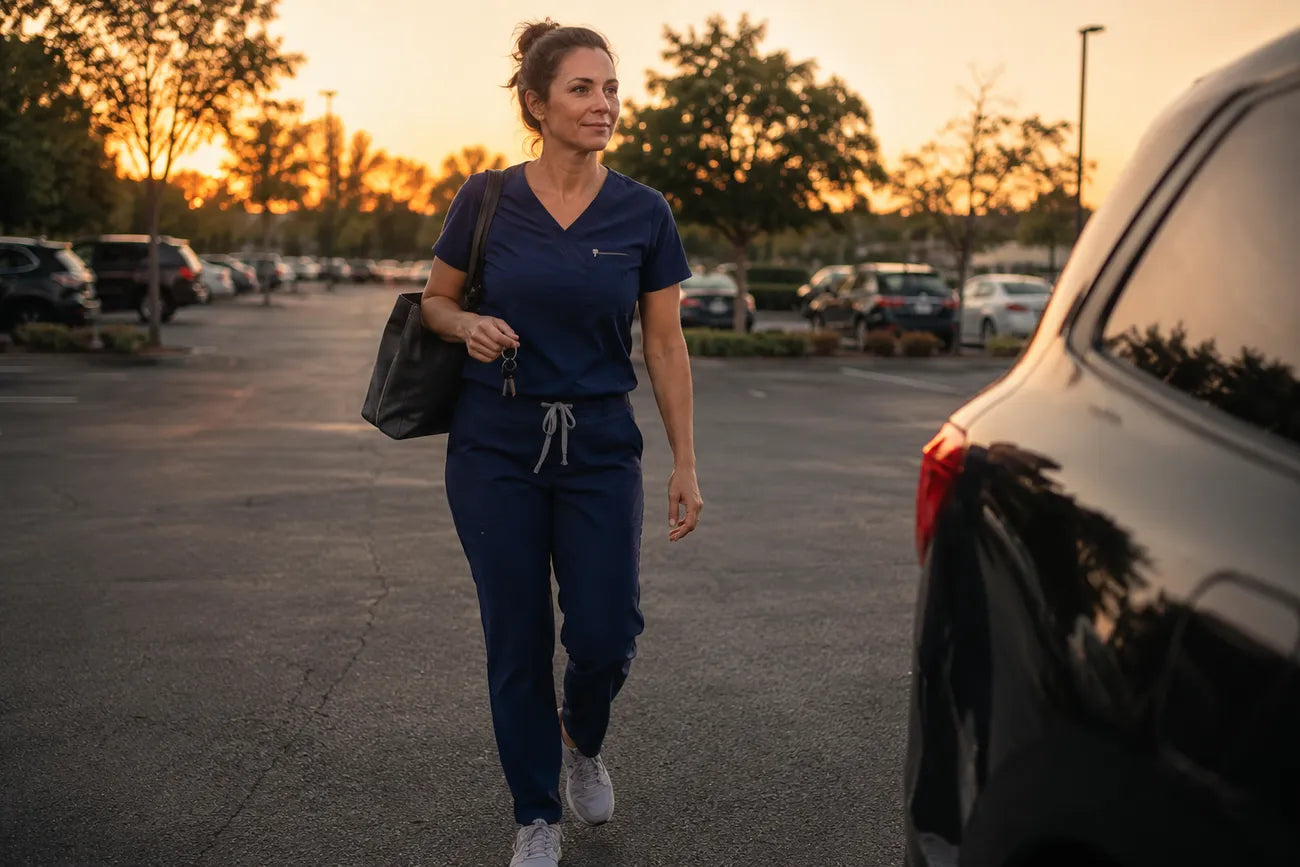A nurse in navy scrubs walking to her car at sunset, relaxed