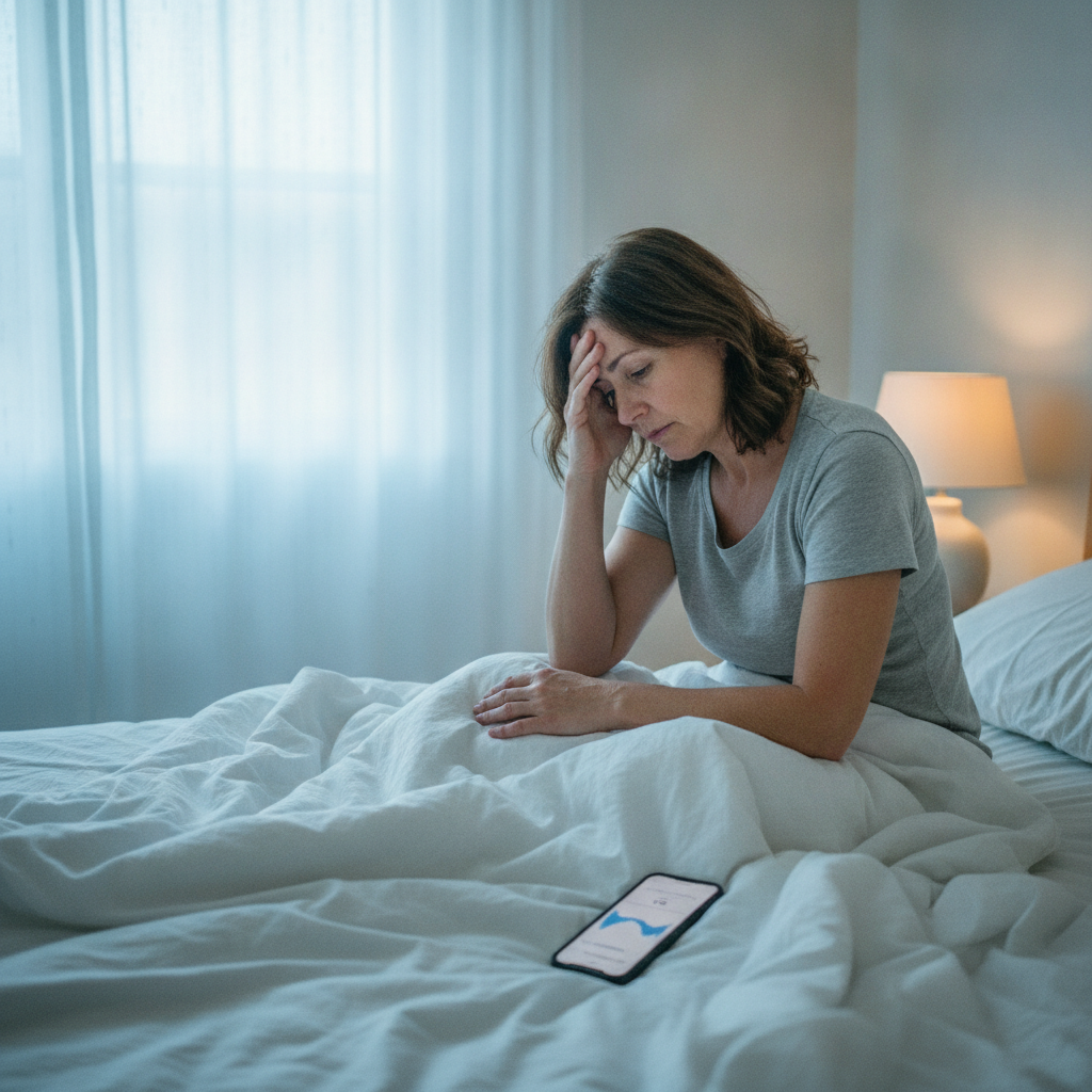 Woman in her early 50s sitting on the edge of her bed at dawn, exhausted after a full night of sleep