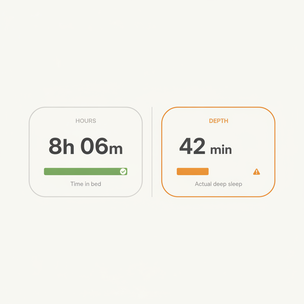 Two cards side by side: HOURS 8h 06m with a full bar, versus DEPTH 42 min with a nearly empty bar