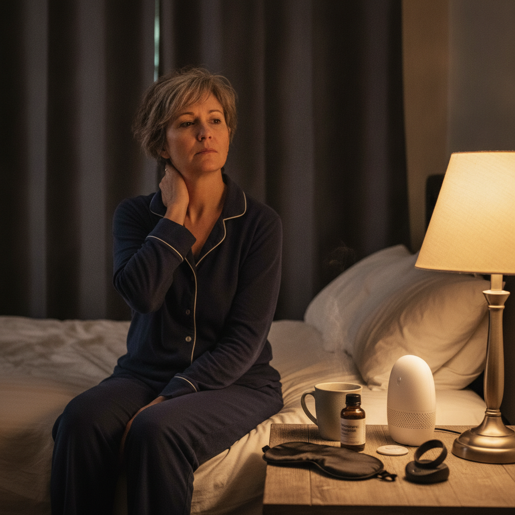 A woman around 50 sitting on the edge of her bed at night, rubbing her stiff neck, exhausted — her nightstand covered in sleep-hygiene tools