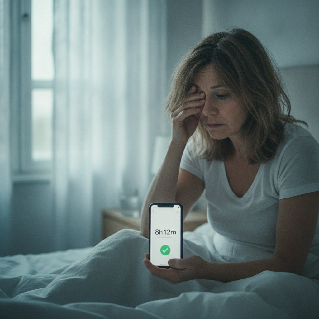 A woman waking exhausted while her phone shows a sleep tracker reading 8h 12m with a green checkmark