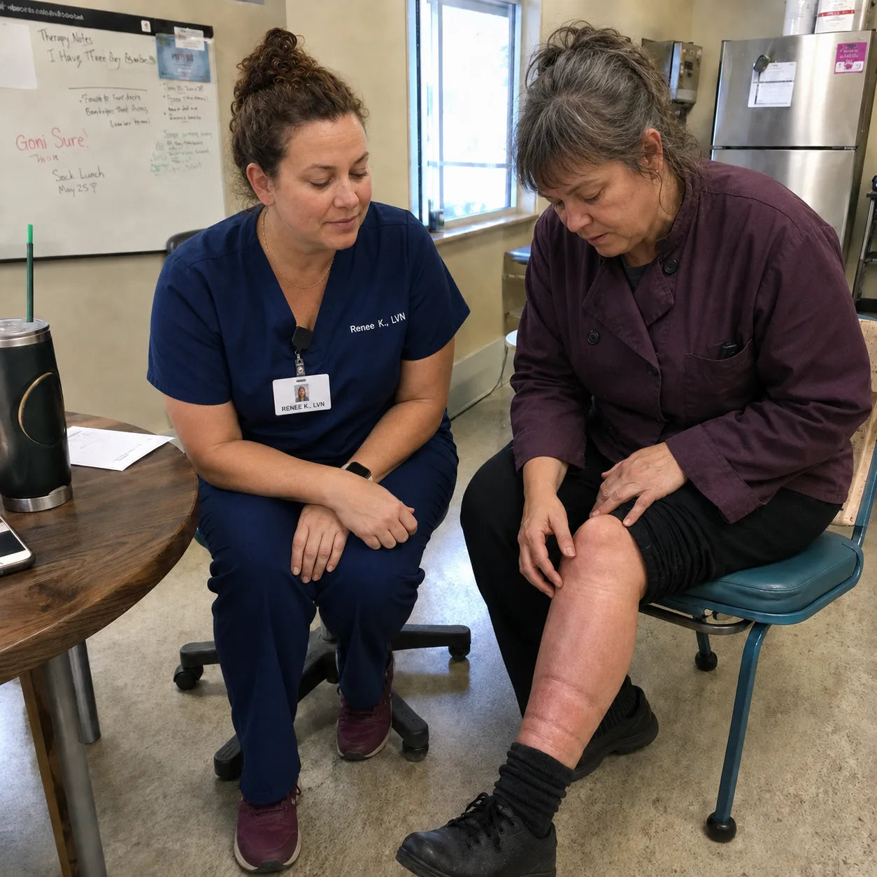 Renee K., LVN, checking a coworker's tired calf