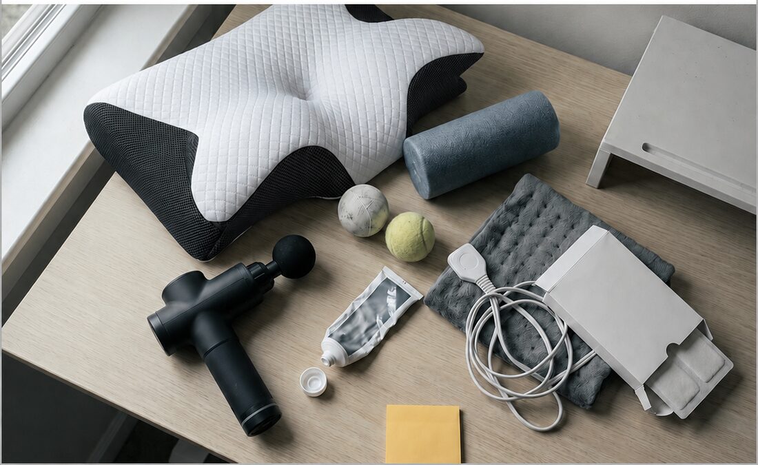 A collection of neck-pain products laid out together: a cervical pillow, a foam roller, two massage balls, a massage gun, a tube of muscle cream and a heating pad