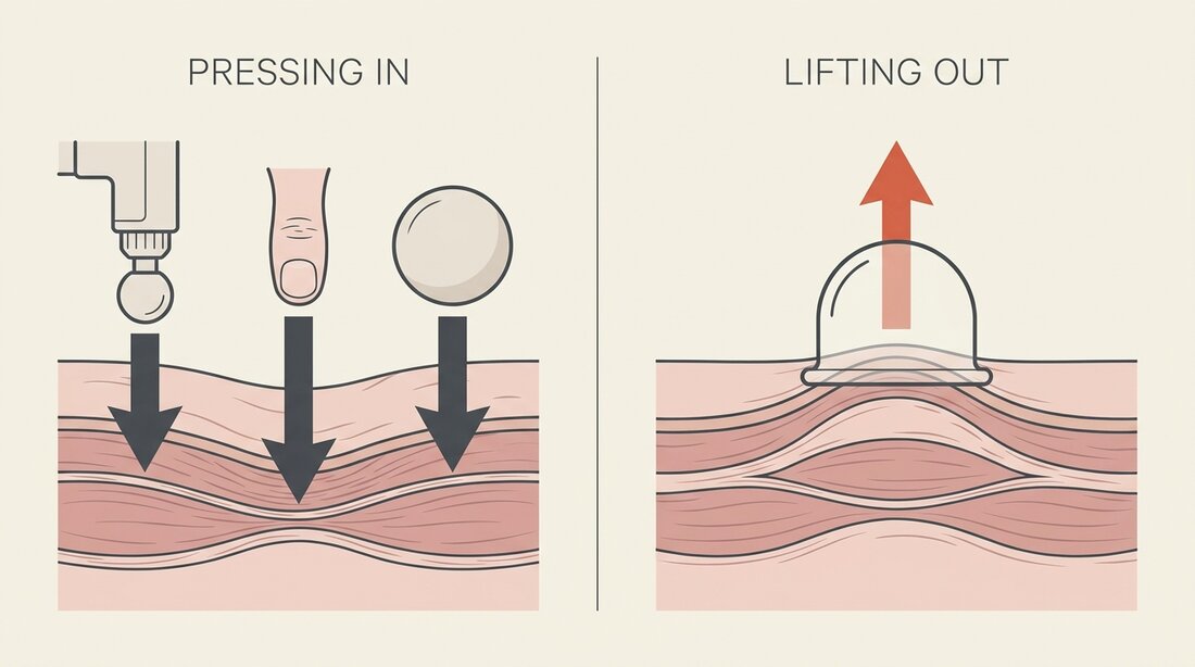 Diagram comparing two directions of force on neck tissue: a massage gun, a thumb and a ball pressing downward into the muscle, versus a suction cup drawing the tissue upward