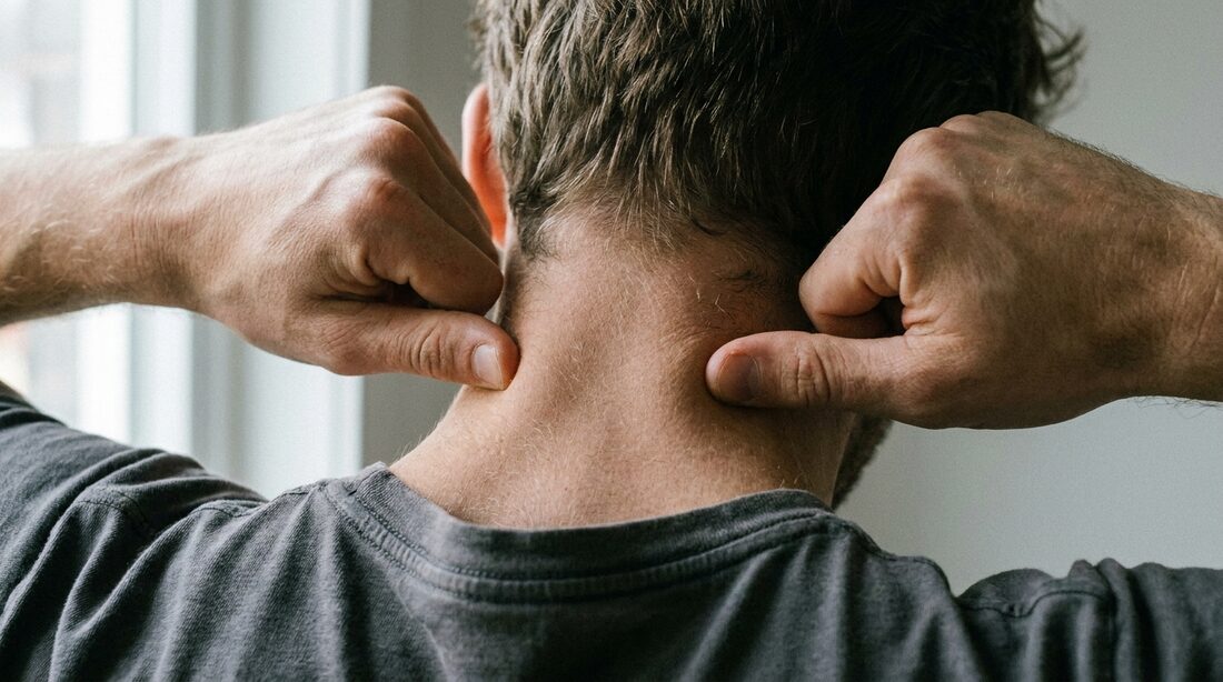Close-up of a person reaching both hands behind their own head and pressing both thumbs into the back of their neck, drawing them apart