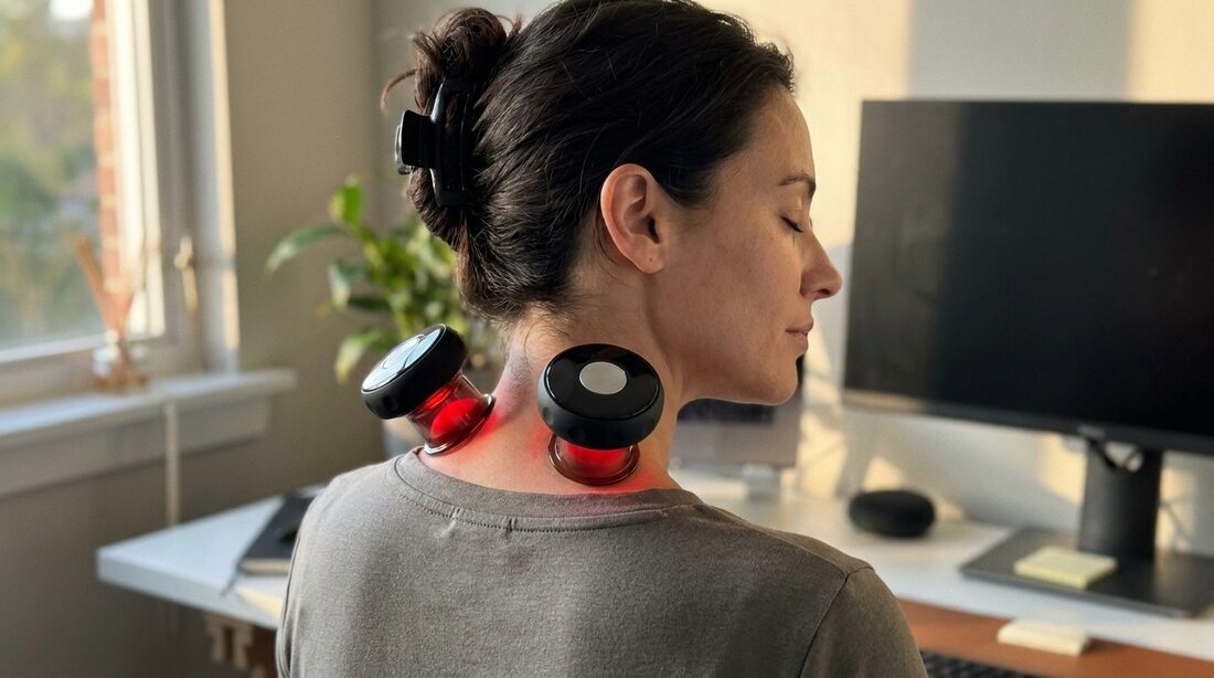 Two Vela X Smart Cupping Massagers resting on the back of a woman's neck, one either side of the spine, glowing softly red