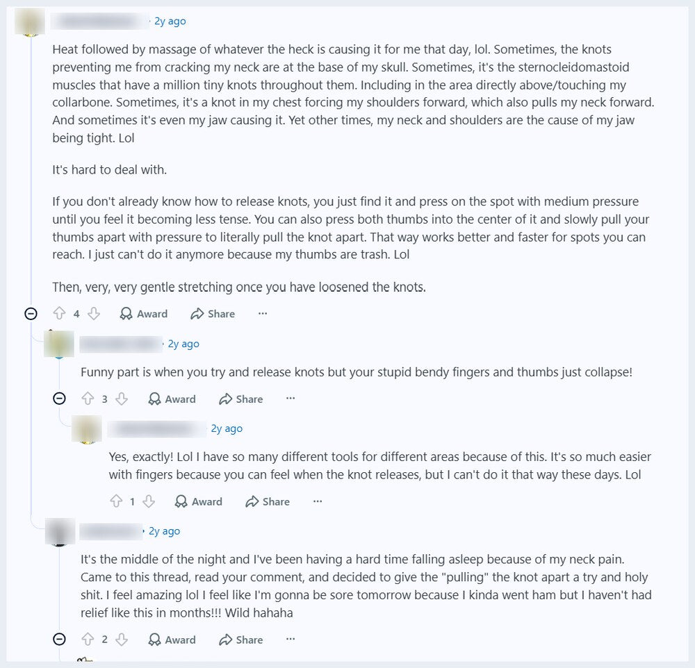 Screenshot of a public forum thread in which one person describes pulling a knot apart with both thumbs, another jokes that their fingers collapse, and a third tries it at 3am and reports sudden relief