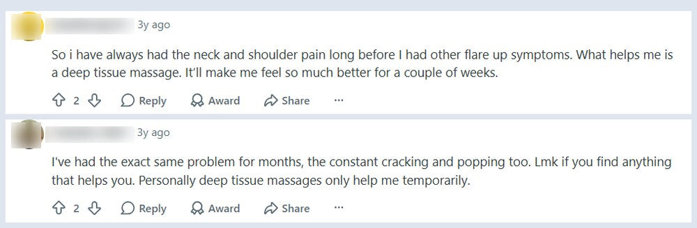 Two screenshots of real forum comments, one saying deep tissue massage helps for a couple of weeks, the other saying deep tissue massages only help temporarily