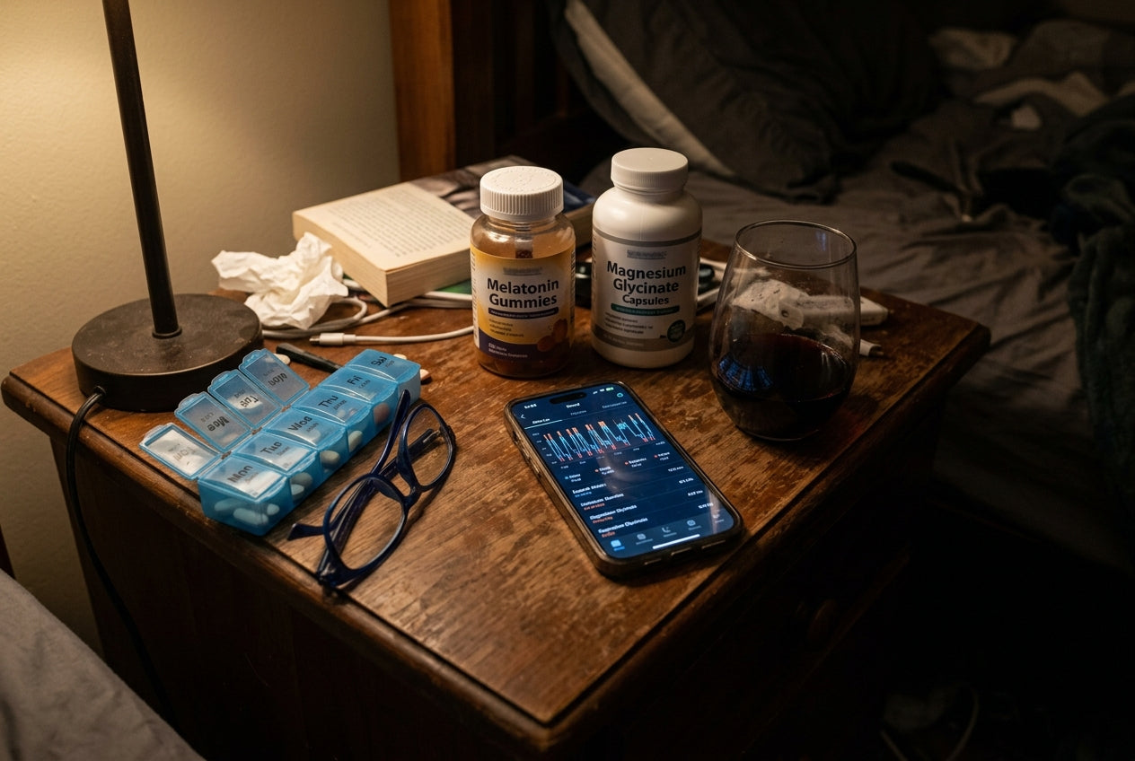 The nightstand graveyard: melatonin, magnesium, sleep apps, wine, HRT