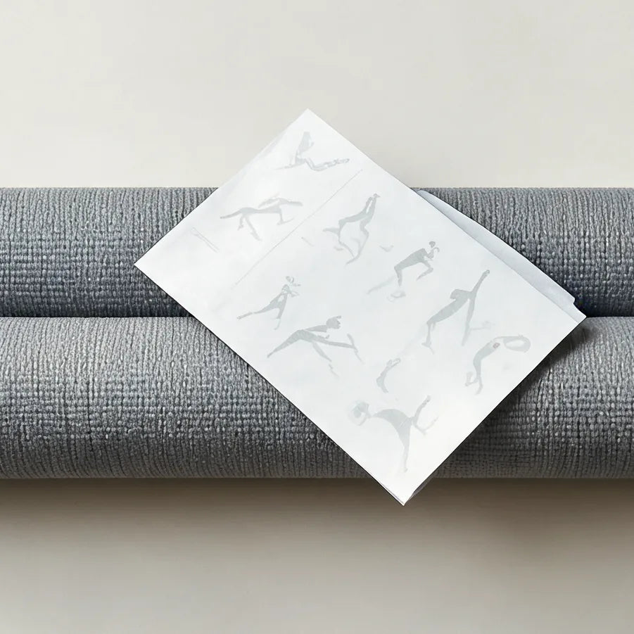 A rolled exercise mat with a printed exercise sheet